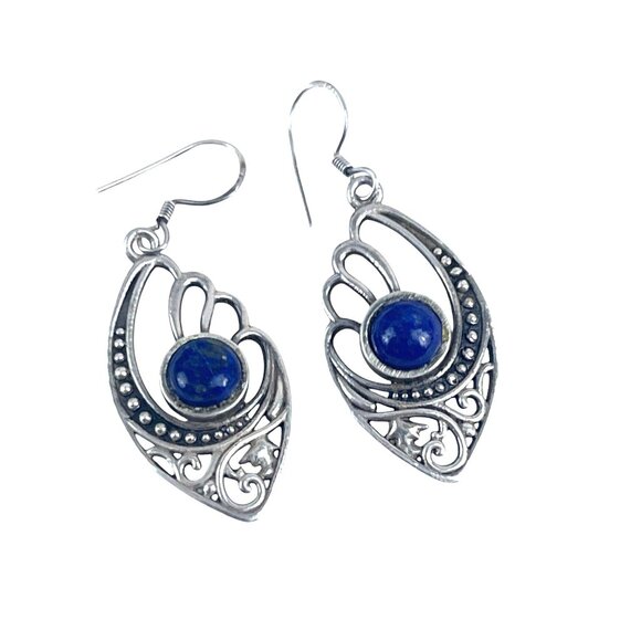 Sterling Silver Lapis Gemstone Dangle Earrings With Intricate Filigree Design Bo - Picture 2 of 10